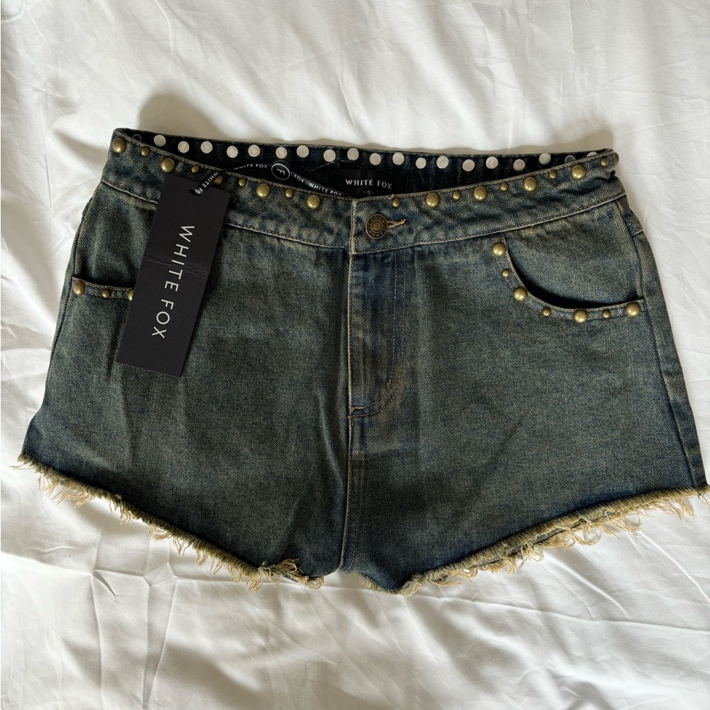 White Fox Boutique Black Jean Shorts with Edgy Studded Detail